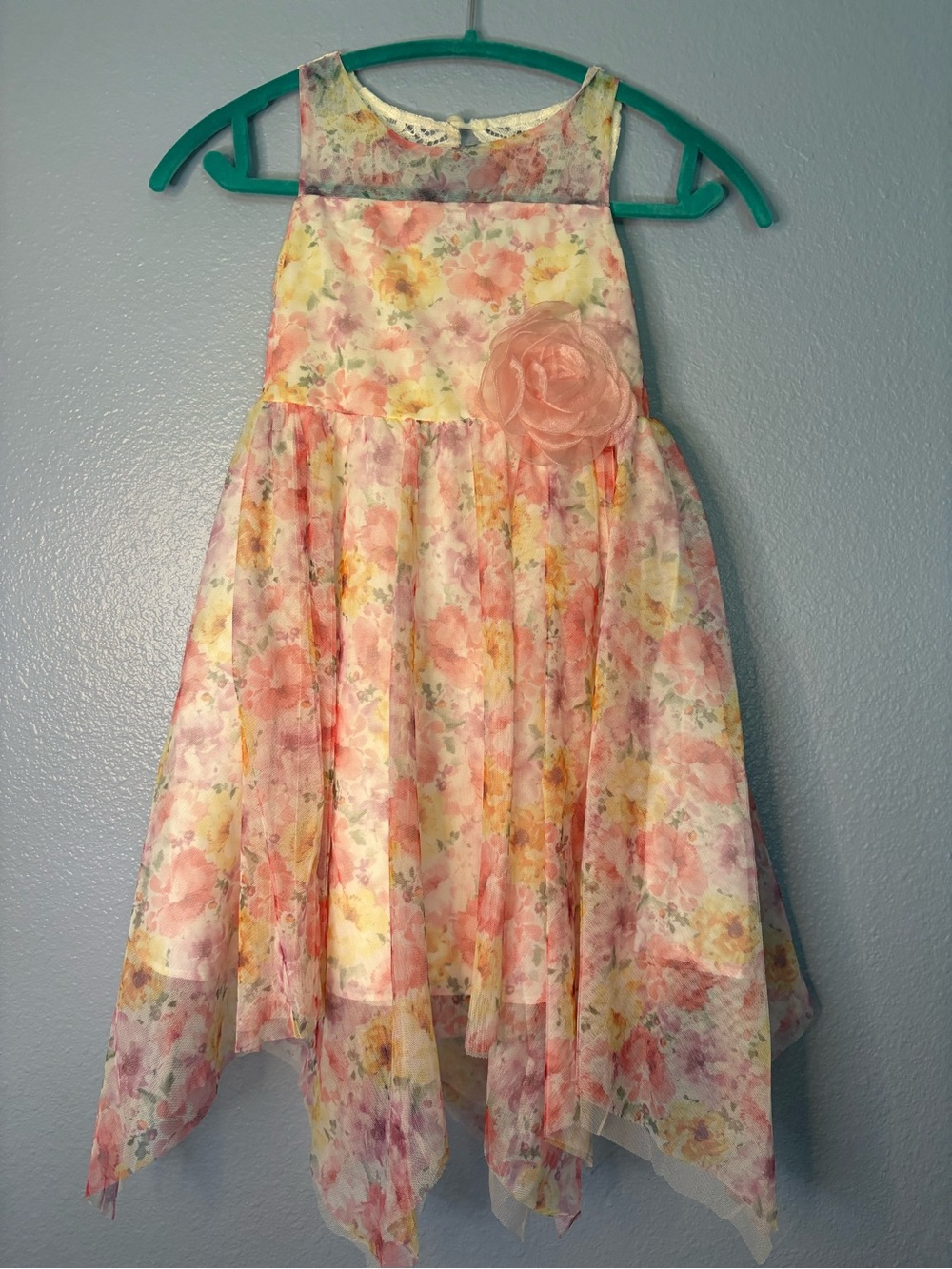 Bonnie Jean Pink Floral Handkerchief Hem Dress with Rosette
